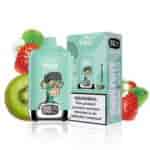 Bang Box vape device and packaging with a cartoon monkey wearing a military-style cap, surrounded by strawberries and a kiwi, and a warning label about nicotine addiction.