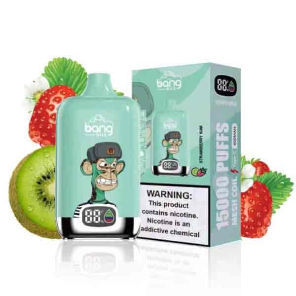 Bang Box vape device and packaging with a cartoon monkey wearing a military-style cap, surrounded by strawberries and a kiwi, and a warning label about nicotine addiction.