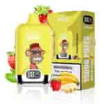 Strawberry banana flavored Bang Box disposable vape with a cartoon monkey wearing 3D glasses on the device and packaging, surrounded by strawberries and bananas.