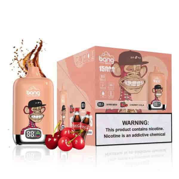 Bang Box cherry cola flavored vape packaging featuring a cartoon ape in a cap, digital display, images of cherries and cola bottles, and a nicotine warning label.