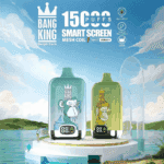 Two Bang King vape devices with illustrated crowned monkey graphics, standing on a circular platform by a body of water under a blue sky, highlighting features such as 15,000 puffs, smart screen, mesh coil, Type-C charging, oil and power indicators, 650mAh battery, and 25ml capacity.