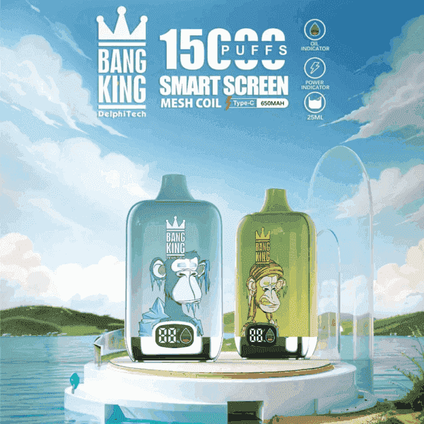 Two Bang King vape devices with illustrated crowned monkey graphics, standing on a circular platform by a body of water under a blue sky, highlighting features such as 15,000 puffs, smart screen, mesh coil, Type-C charging, oil and power indicators, 650mAh battery, and 25ml capacity.