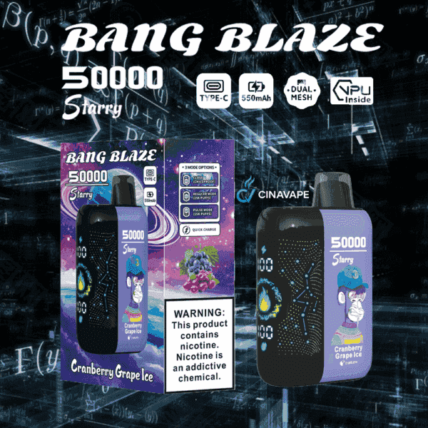 Anuncio del vaporizador desechable Bang Blaze Starry en sabor Cranberry Grape Ice, que presenta un diseño digital con temática espacial, características clave como carga tipo C y batería de 550 mAh, y una etiqueta de advertencia de nicotina.