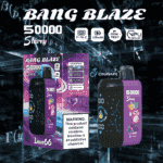 Imagen promocional del vaporizador Bang Blaze 50000 Starry Love66 que presenta una caja del producto y un dispositivo de vaporización con un gráfico de simio de dibujos animados, indicadores LED y advertencias sobre el contenido de nicotina, con un fondo de temática científica.