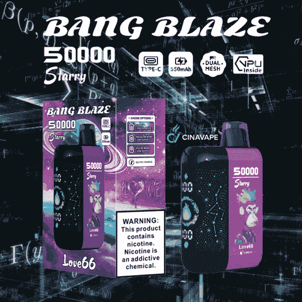 Imagen promocional del vaporizador Bang Blaze 50000 Starry Love66 que presenta una caja del producto y un dispositivo de vaporización con un gráfico de simio de dibujos animados, indicadores LED y advertencias sobre el contenido de nicotina, con un fondo de temática científica.