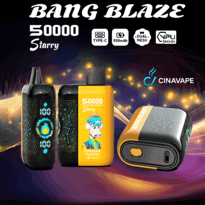 Kampanjbild för BANG BLAZE 50000 Starry vape från CINAVAPE, som visar tre vyer av enheten med en etikett med ananaskokossmak, digital display och funktioner som Type-C-laddning, 550 mAh batteri, dubbelt nät och VPU inuti.