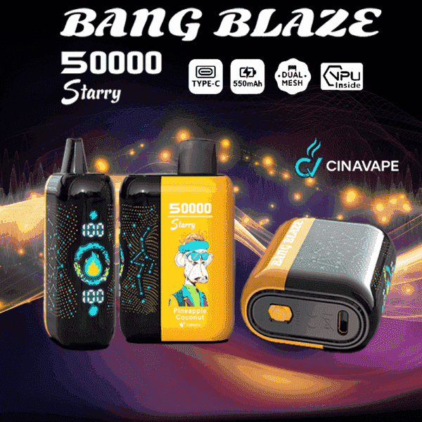 Imagen promocional del vaporizador BANG BLAZE 50000 Starry de CINAVAPE, que muestra tres vistas del dispositivo con una etiqueta con sabor a piña y coco, pantalla digital y características como carga tipo C, batería de 550 mAh, malla dual y VPU en el interior.
