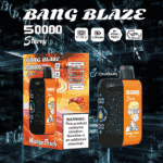 Imagen promocional del vaporizador desechable Bang Blaze 50000 Starry Mango Peach, que presenta un personaje de dibujos animados, especificaciones del producto y una etiqueta de advertencia de nicotina.