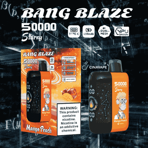 Imagen promocional del vaporizador desechable Bang Blaze 50000 Starry Mango Peach, que presenta un personaje de dibujos animados, especificaciones del producto y una etiqueta de advertencia de nicotina.