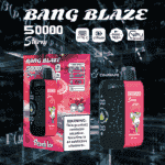Imagen promocional del dispositivo vapeador Bang Blaze Starry Peach Ice con 50000 inhalaciones, que muestra características del producto como carga tipo C, batería de 550 mAh, bobina de malla doble y etiqueta de advertencia sobre la adicción a la nicotina.