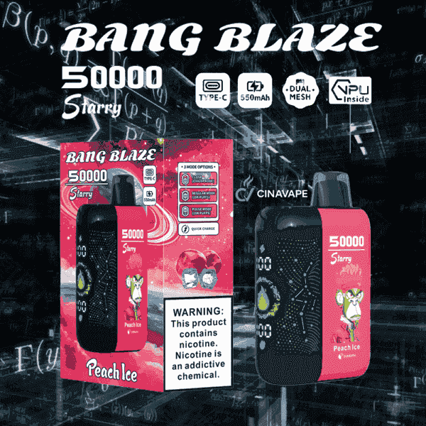 Imagen promocional del dispositivo vapeador Bang Blaze Starry Peach Ice con 50000 inhalaciones, que muestra características del producto como carga tipo C, batería de 550 mAh, bobina de malla doble y etiqueta de advertencia sobre la adicción a la nicotina.