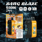 Dispositivo de vapeo Bang Blaze 50000 Starry y empaque en sabor piña y coco, con pantalla digital, ilustraciones de monos de dibujos animados y etiqueta de advertencia de nicotina sobre un fondo futurista con temática matemática.