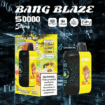 Imagen promocional del vaporizador desechable BANG BLAZE 50000 Starry, que presenta un atrevido dispositivo amarillo y negro con un mono ilustrado, pantalla digital, especificaciones técnicas y advertencia sanitaria sobre la adicción a la nicotina.