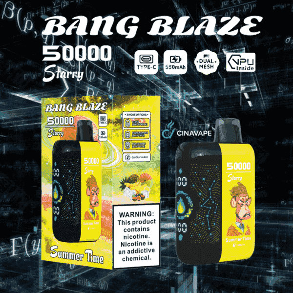 Imagen promocional del vaporizador desechable BANG BLAZE 50000 Starry, que presenta un atrevido dispositivo amarillo y negro con un mono ilustrado, pantalla digital, especificaciones técnicas y advertencia sanitaria sobre la adicción a la nicotina.