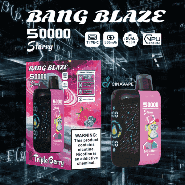 Dispositivo y paquete de vapeo desechable Bang Blaze 50000 Starry Triple Berry, que presenta un colorido gráfico animado de un mono, imágenes de frutas y una advertencia destacada sobre la nicotina.