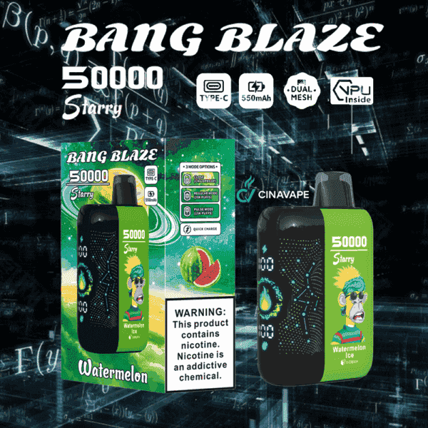 Dispositivo de vapeo Bang Blaze 50000 Starry y empaque en sabor Watermelon Ice, que presenta un simio de dibujos animados con gafas de sol, gráficos digitales, especificaciones del producto y una etiqueta de advertencia de nicotina.