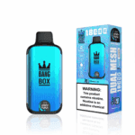 Blue Bang Box disposable vape device next to its packaging, labeled with 'Blueberry Ice' flavor, 18,000 puffs, and a nicotine warning.