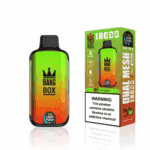 Bang Box disposable vape device and packaging in a green and orange gradient design, labeled 'Double apple' flavor and '18,000 puffs,' with a warning about nicotine addiction.