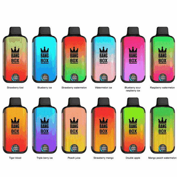 Twelve colorful Bang Box vape devices, each featuring a different fruit flavor such as strawberry kiwi, blueberry ice, watermelon ice, and more, arranged in two rows against a white background with their flavor names labeled below.