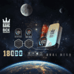 Promotional graphic for the Bang Box dual mesh vape device, featuring a product image with illustrated technical features, '18,000 puffs' text, and a space-themed background with planets and Earth.