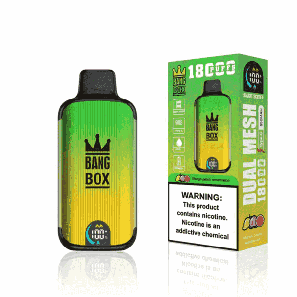 Bang Box disposable vape device and packaging in green-yellow gradient, labeled for mango peach watermelon flavor and displaying a nicotine warning.
