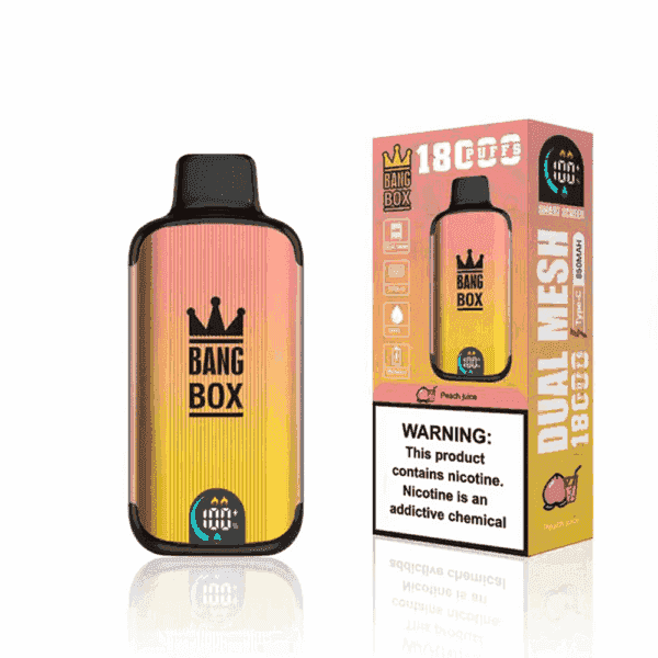 Bang Box Peach Juice vape device and packaging showing a gradient pink and yellow color, a crown logo, and a nicotine warning label.