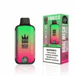 Bang Box disposable vape device and its packaging in a green-to-pink gradient design, labeled for raspberry watermelon flavor and featuring a nicotine warning.
