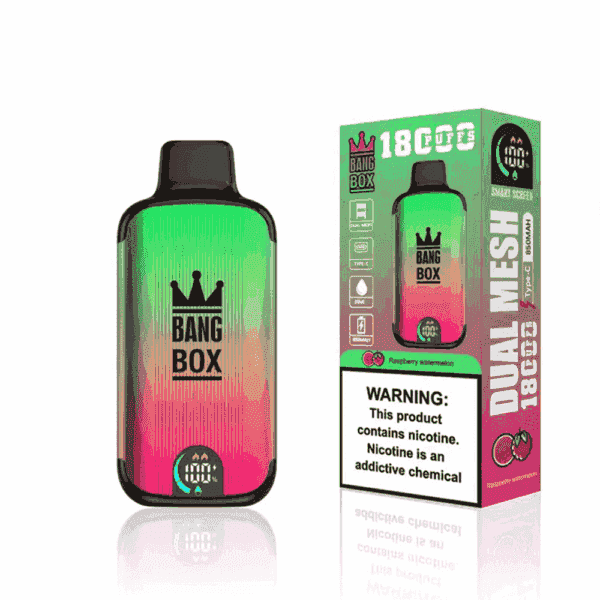 Bang Box disposable vape device and its packaging in a green-to-pink gradient design, labeled for raspberry watermelon flavor and featuring a nicotine warning.