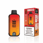 Bang Box Strawberry Mango disposable vape device with gradient orange-to-red body next to its packaging, which highlights 18000 puffs, dual mesh technology, and a nicotine warning label.