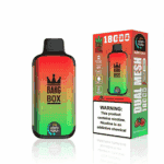Bang Box disposable vape device and its packaging featuring a red and green gradient design with a crown logo, advertising 18,000 puffs, dual mesh technology, and a warning label about nicotine addiction; flavor indicated as strawberry watermelon.
