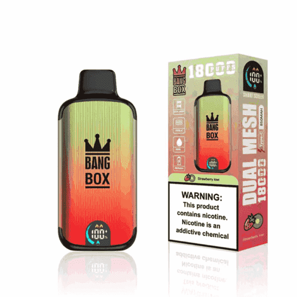 Bang Box disposable vape device and packaging, labeled as strawberry kiwi flavor with a warning about nicotine content and addiction.