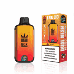 Bang Box disposable vape device and its packaging in a yellow-to-red gradient design with a crown logo, labeled "Tiger Blood" flavor and featuring a nicotine warning label.