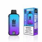 Bang Box vape device in a gradient blue-purple color next to its packaging, which features product details, a large nicotine warning, and the flavor Triple Berry Ice.