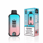 Bang Box disposable vape device in a blue and pink gradient color next to its packaging, labeled as dual mesh with 18,000 puffs and watermelon ice flavor, featuring a prominent nicotine warning.