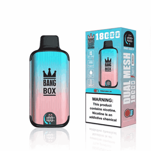 Bang Box disposable vape device in a blue and pink gradient color next to its packaging, labeled as dual mesh with 18,000 puffs and watermelon ice flavor, featuring a prominent nicotine warning.