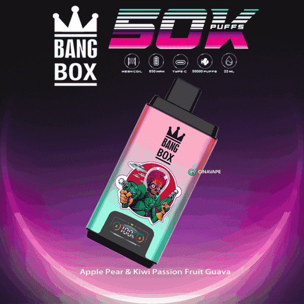 Bang Box vape device featuring a cartoon alien with a blaster, product branding, and flavor description for Apple Pear & Kiwi Passion Fruit Guava against a neon gradient background.