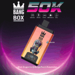 Bang Box disposable vape device featuring a colorful design with a green alien illustration, product branding, and labeled flavors Black Dragon Ice and Mango Peach Watermelon, set against a dark gradient background with neon accents and product specifications noted above.