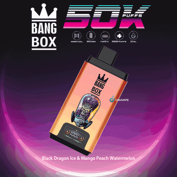 Bang Box disposable vape device featuring a colorful design with a green alien illustration, product branding, and labeled flavors Black Dragon Ice and Mango Peach Watermelon, set against a dark gradient background with neon accents and product specifications noted above.