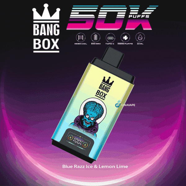 Bang Box 50K disposable vape device with colorful gradient casing, a cartoon alien illustration, and product features for Blue Razz Ice & Lemon Lime flavor highlighted on a neon background.