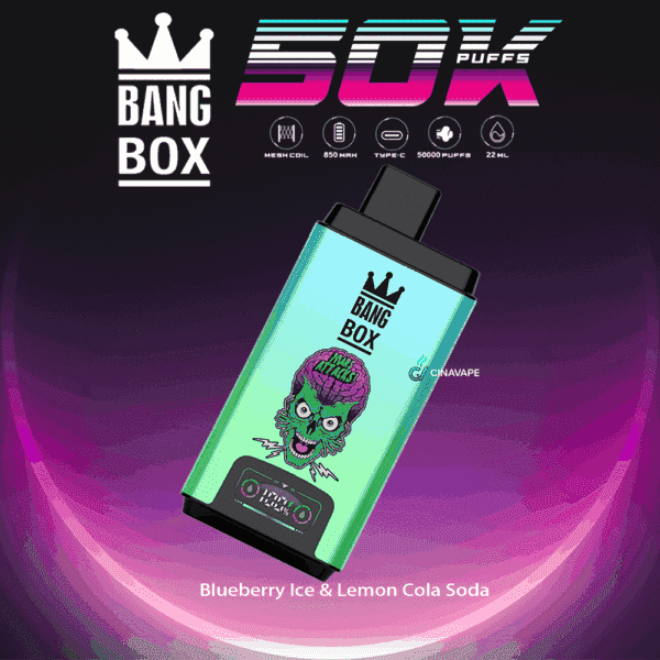 Colorful Bang Box vape device with a cartoon zombie face design, surrounded by branding and feature highlights including mesh coil, 850mAh battery, Type-C charging, 50,000 puffs, 22ml capacity, and labeled flavor 'Blueberry Ice & Lemon Cola Soda'.