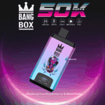 Colorful Bang Box vape device with cartoon alien design, highlighting 50,000 puffs, mesh coil, 850 mAh battery, Type-C charging, 22 ml capacity, and flavor blueberry sour raspberry ice & mixed fruit.