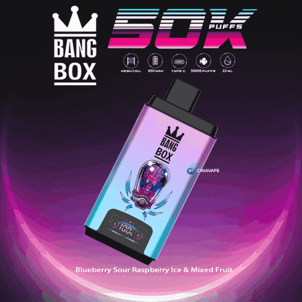 Colorful Bang Box vape device with cartoon alien design, highlighting 50,000 puffs, mesh coil, 850 mAh battery, Type-C charging, 22 ml capacity, and flavor blueberry sour raspberry ice & mixed fruit.