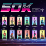 Colorful advertisement for Bang Box disposable vapes featuring twelve different flavors, each with unique illustrated characters and corresponding flavor names displayed below each vape device, set against a neon, futuristic background with '50K PUFFS' highlighted at the top.