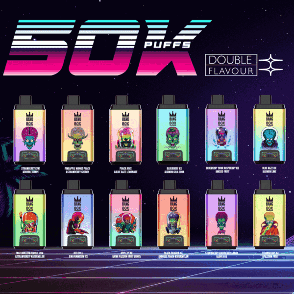 Colorful advertisement for Bang Box disposable vapes featuring twelve different flavors, each with unique illustrated characters and corresponding flavor names displayed below each vape device, set against a neon, futuristic background with '50K PUFFS' highlighted at the top.