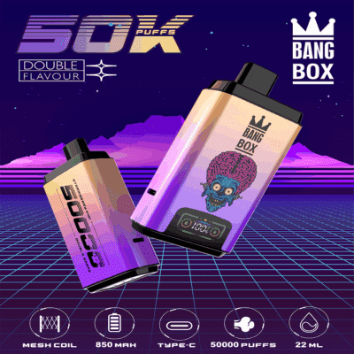 Färgglad reklam för BANG BOX vape, som visar två vape-enheter med en tecknad hjärnkaraktär, med dubbel smak, 50 000 puffar, mesh-spole, 850mAh-batteri, Type-C-laddning och 22 ml e-vätskekapacitet.
