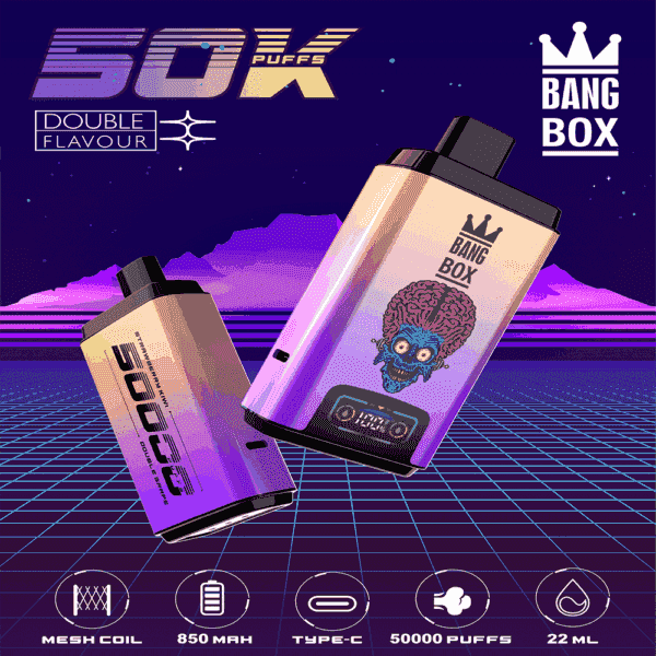 Colorful advertisement for BANG BOX vape, showing two vape devices with a cartoon brain character, featuring double flavor, 50,000 puffs, mesh coil, 850mAh battery, Type-C charging, and 22ml e-liquid capacity.