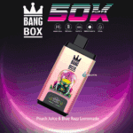 Bang Box 50K Puff disposable vape device with a colorful alien brain graphic, specifications icons, and the flavor Peach Juice & Blue Razz Lemonade.