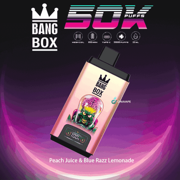 Bang Box 50K Puff disposable vape device with a colorful alien brain graphic, specifications icons, and the flavor Peach Juice & Blue Razz Lemonade.