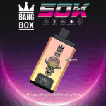 Bang Box 50K disposable vape with a colorful skull design, featuring Pineapple Mango Peach & Strawberry Cherry flavors, set against a gradient purple and pink background with product specifications displayed above.