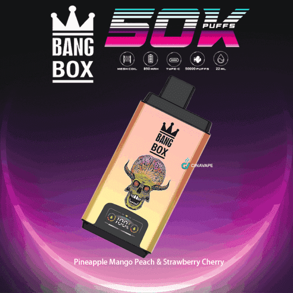 Bang Box 50K disposable vape with a colorful skull design, featuring Pineapple Mango Peach & Strawberry Cherry flavors, set against a gradient purple and pink background with product specifications displayed above.